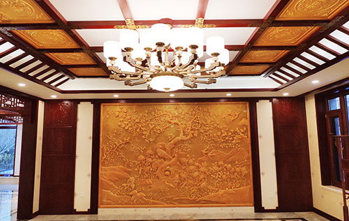 福鼎中式别墅客厅中式木作横梁吊顶装饰展示